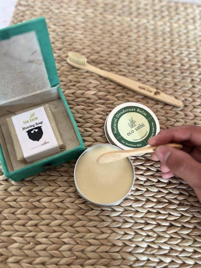 Eco Sathi shaving soap and deodorant balm on a woven mat